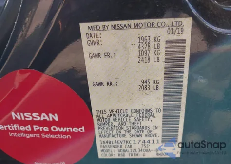 2019 Nissan Altima 2.5 Sl из США, поврежденный, VIN 1N4BL4EV7KC174411